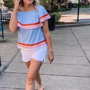 Entro Light Blue Polka Dot Trim Off Shoulder Tiered Blouse Top Size Small